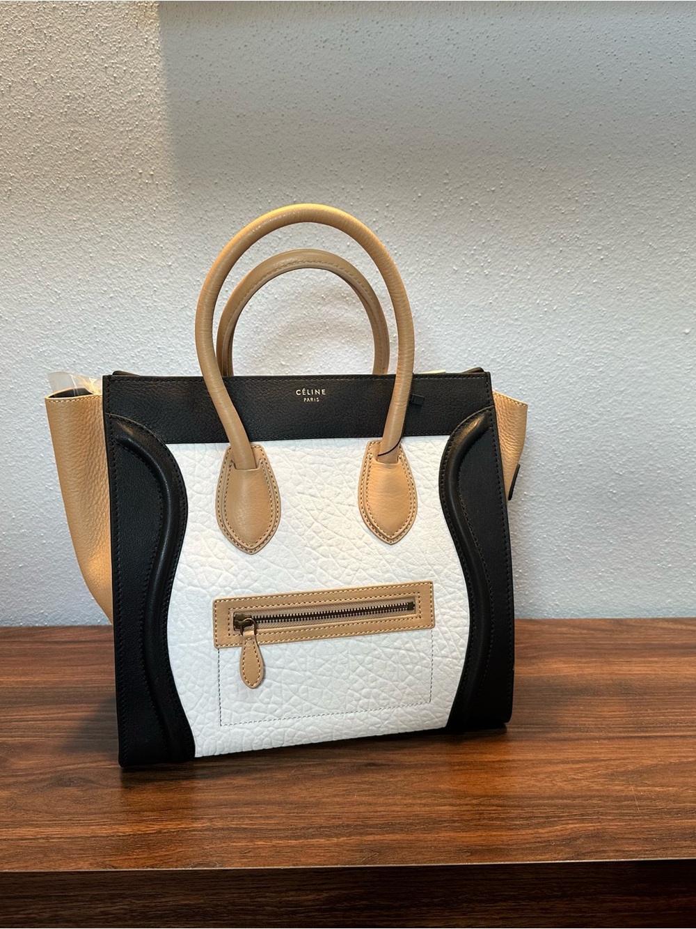 Celine-style Tri-Colored Mini Luggage Tote - Black, White & Beige